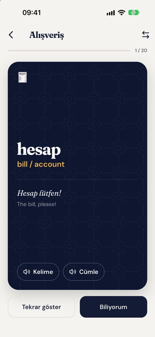 Kelime kartı: hesap, bill / account, örnek cümle