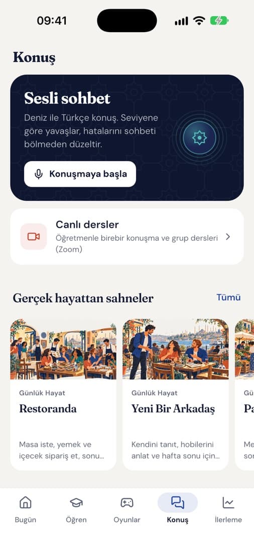 Konuş sekmesi: sesli sohbet, canlı dersler ve senaryolar