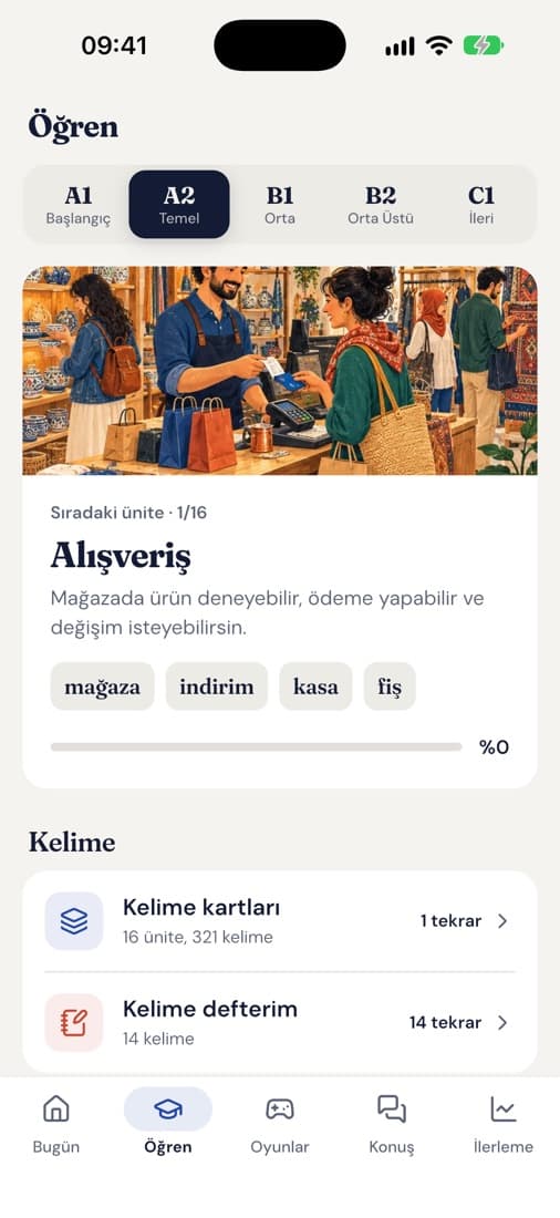 Öğren sekmesi: seviye seçimi ve sıradaki ünite